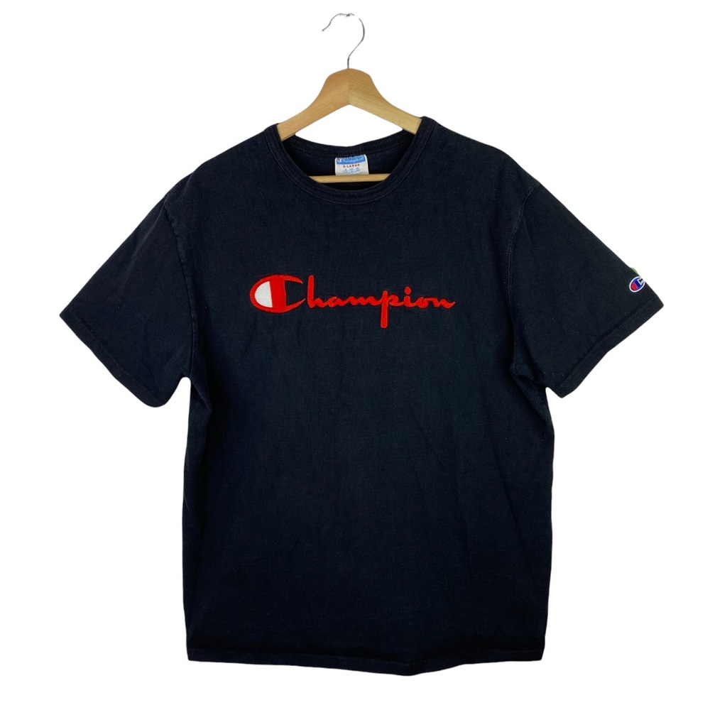 Champion T Shirt Men’s XL Black Short Sleeve Red VTG Style Embroidered Spellout